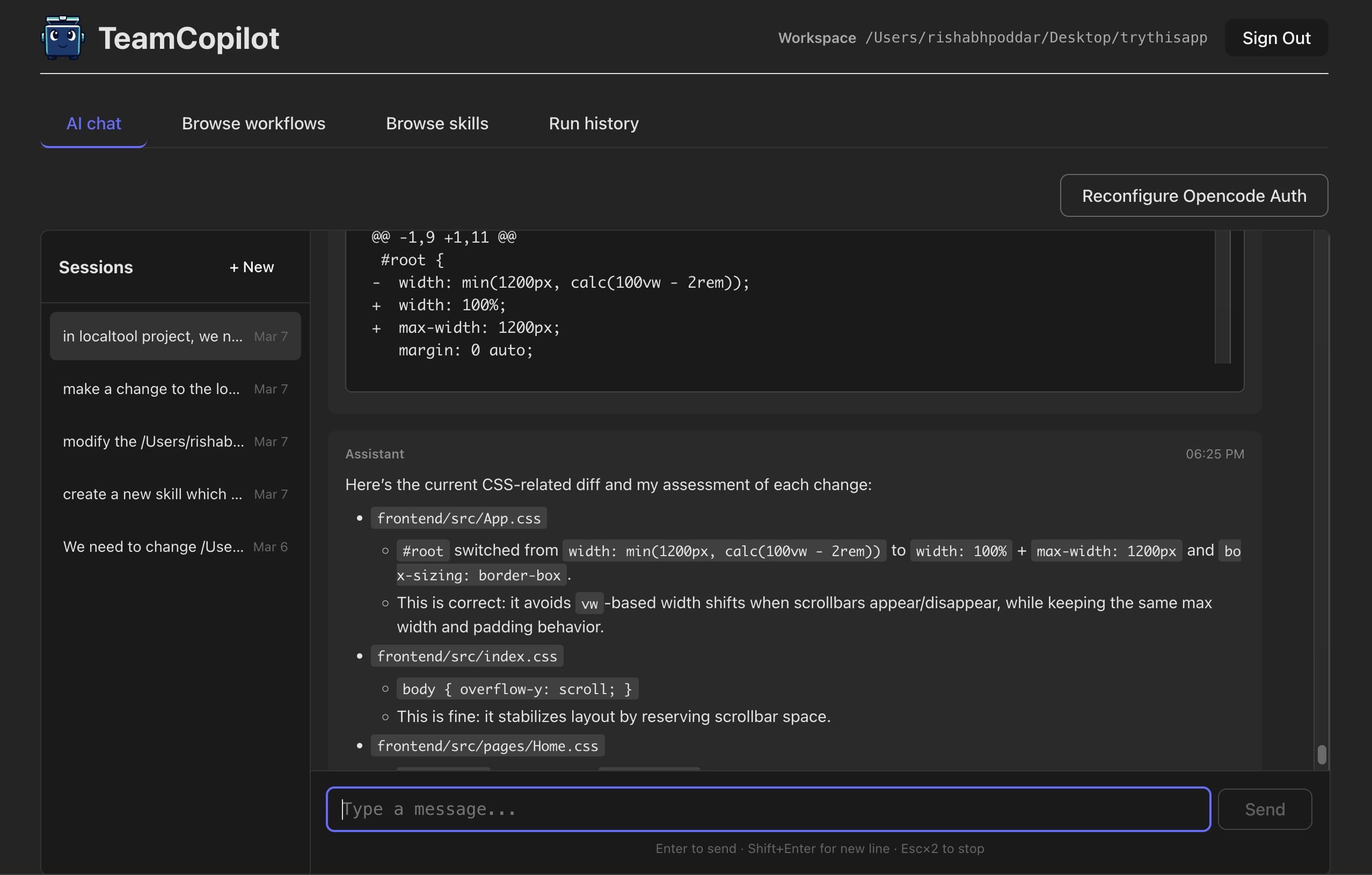 TeamCopilot dashboard showing AI chat, sessions list, workflows, skills, and run history